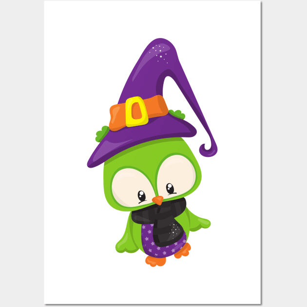 Halloween Owl, Cute Owl, Green Owl, Witch Hat Wall Art by Jelena Dunčević